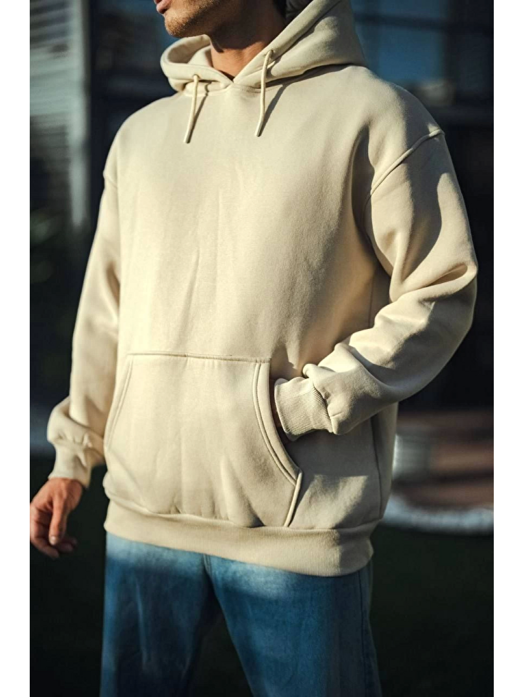 Üç İplik Penye Kapüşonlu Basic Sweatshirt - Bej