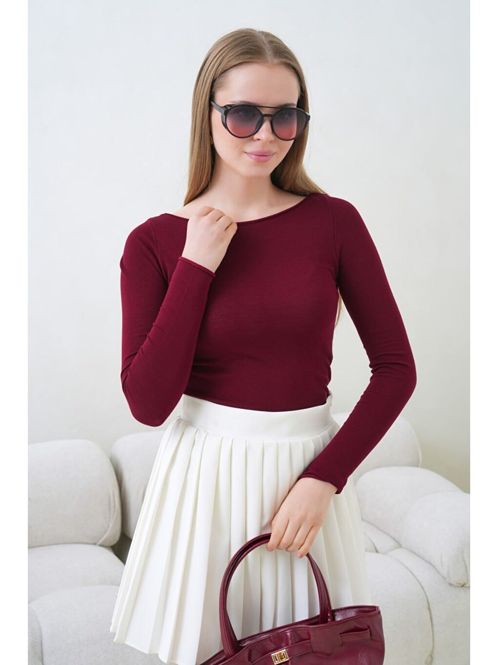 Kadın Bisiklet Yaka Uzun Kollu Basic Bluz Bordo-1