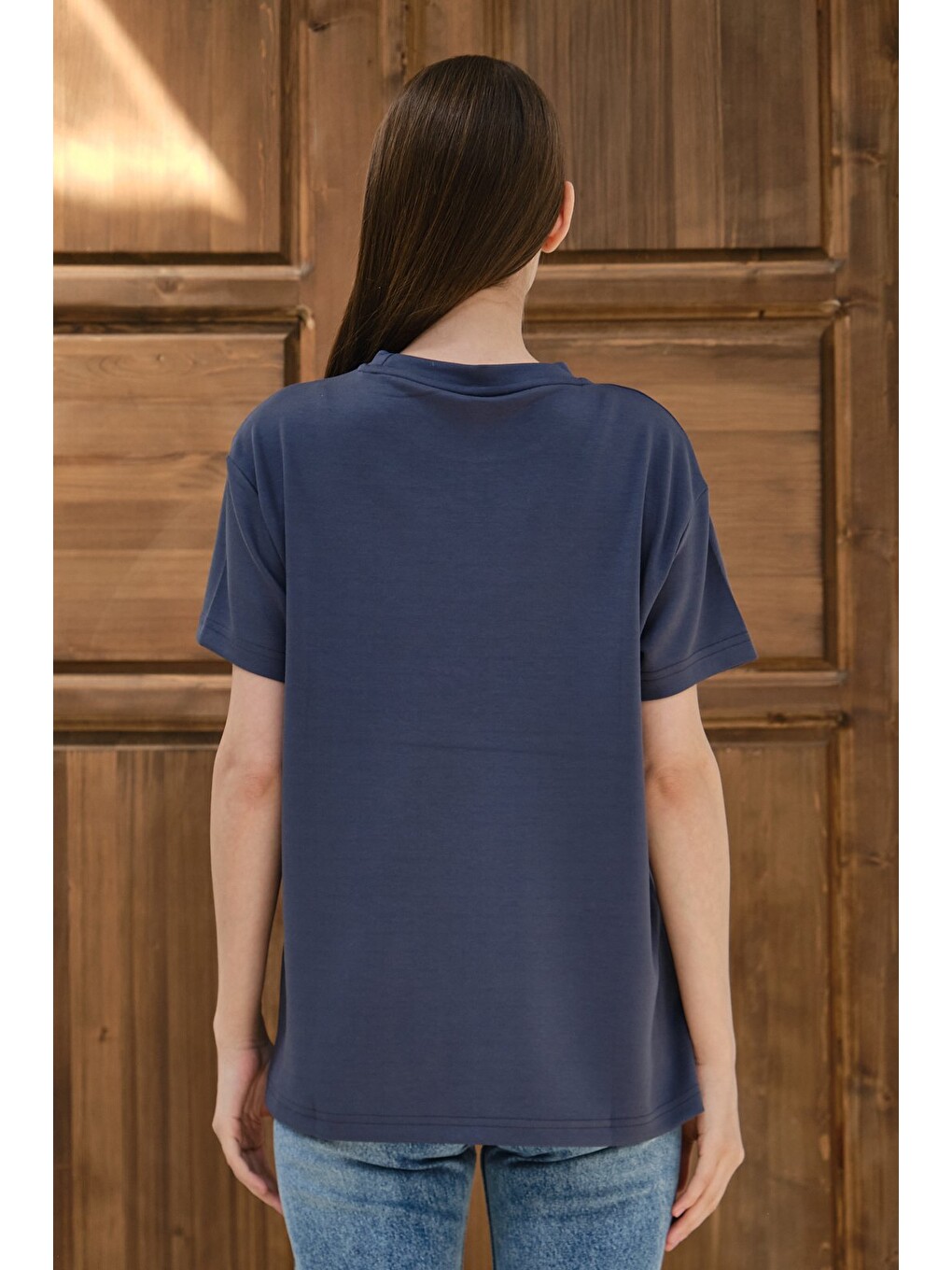 Gri Kadın Modal Kumaş Basic Oversize Tişört Bisiklet Yaka Günlük Salaş Tişört-6