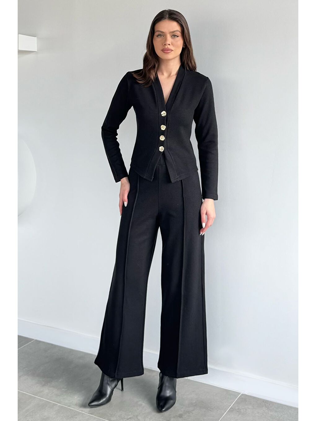 Siyah Kadın Selanik Kumaş Hırka Bel Lastikli Palazzo Pantolon İkili Takım