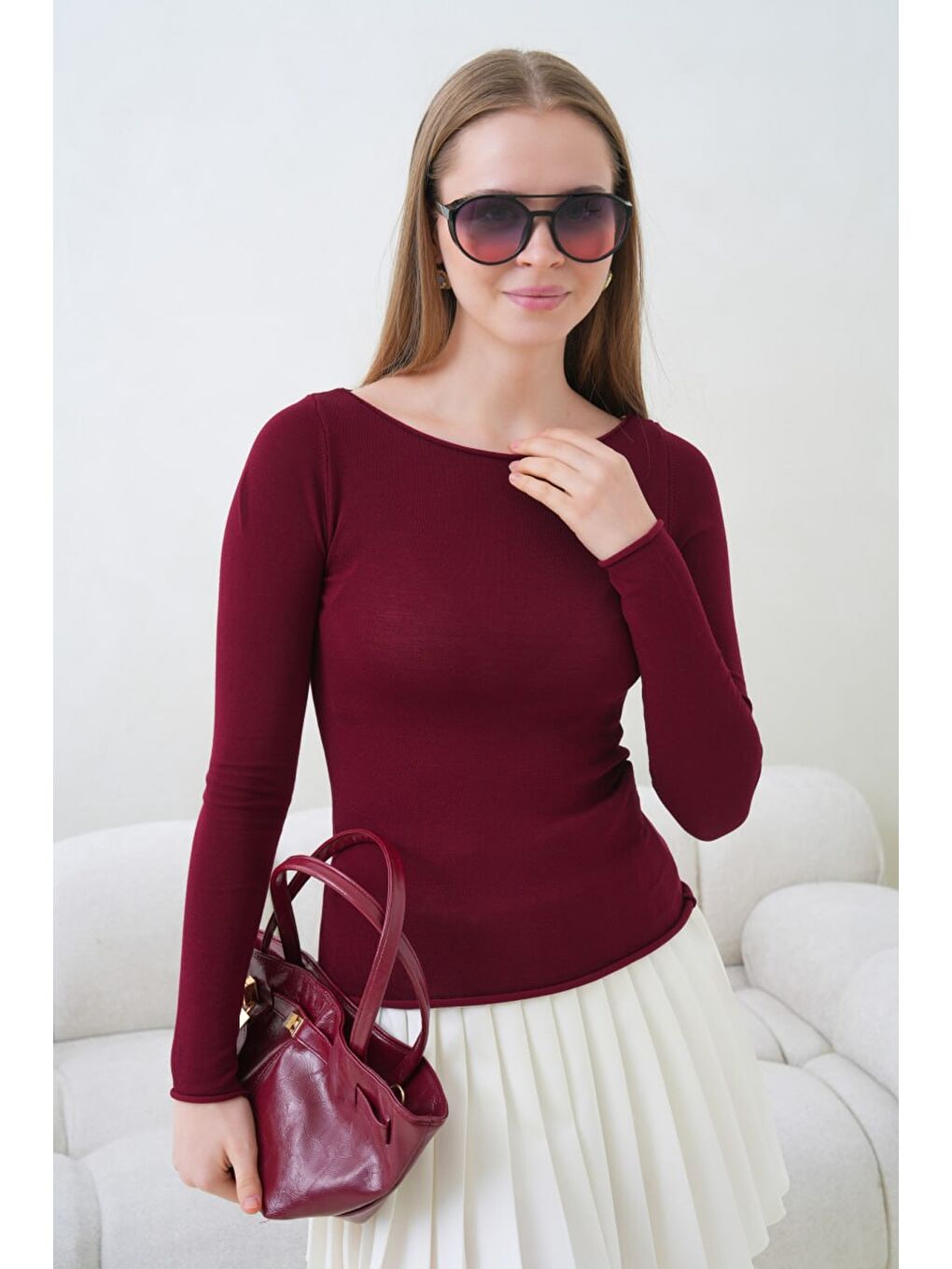 Kadın Bisiklet Yaka Uzun Kollu Basic Bluz Bordo-2