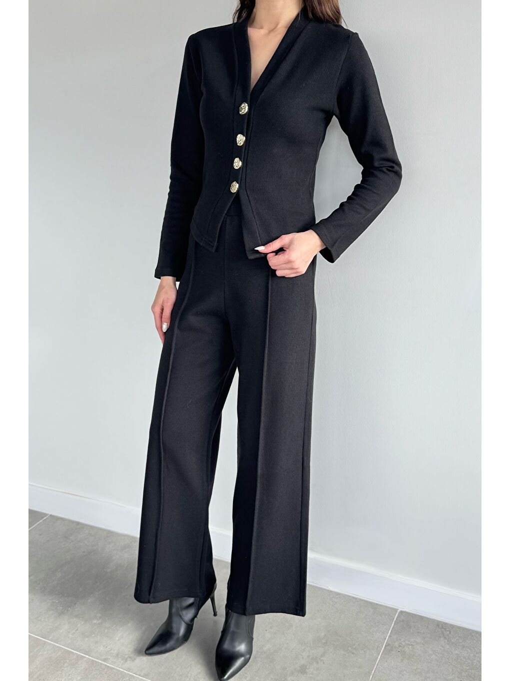 Siyah Kadın Selanik Kumaş Hırka Bel Lastikli Palazzo Pantolon İkili Takım-1