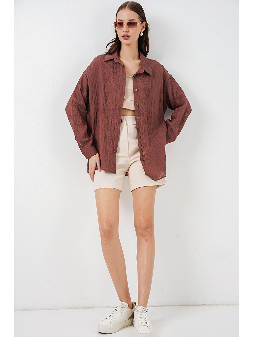 Kadın Uzun Oversize Gömlek 20320 - Kahverengi-1