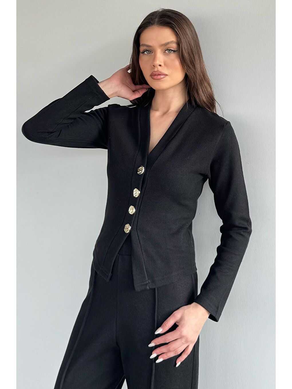 Siyah Kadın Selanik Kumaş Hırka Bel Lastikli Palazzo Pantolon İkili Takım-2