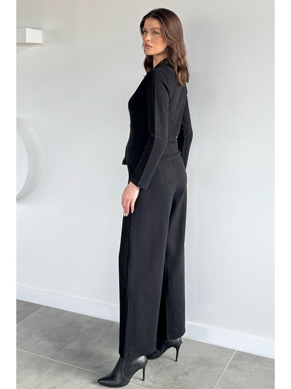 Siyah Kadın Selanik Kumaş Hırka Bel Lastikli Palazzo Pantolon İkili Takım-3