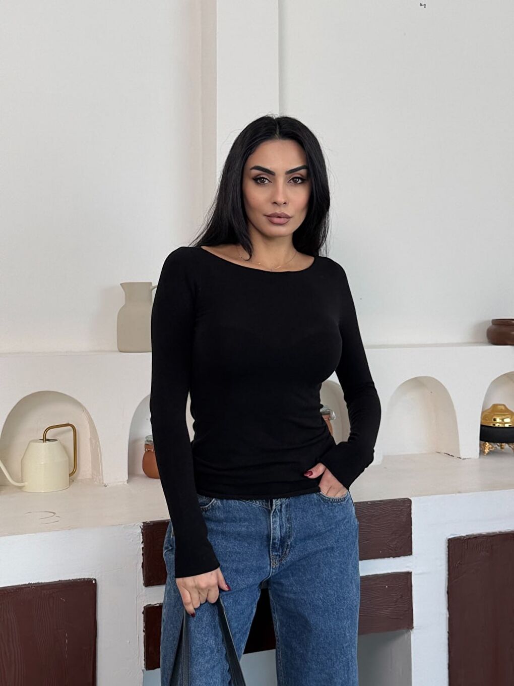 Kadın Bisiklet Yaka Uzun Kollu Basic Bluz Siyah-3