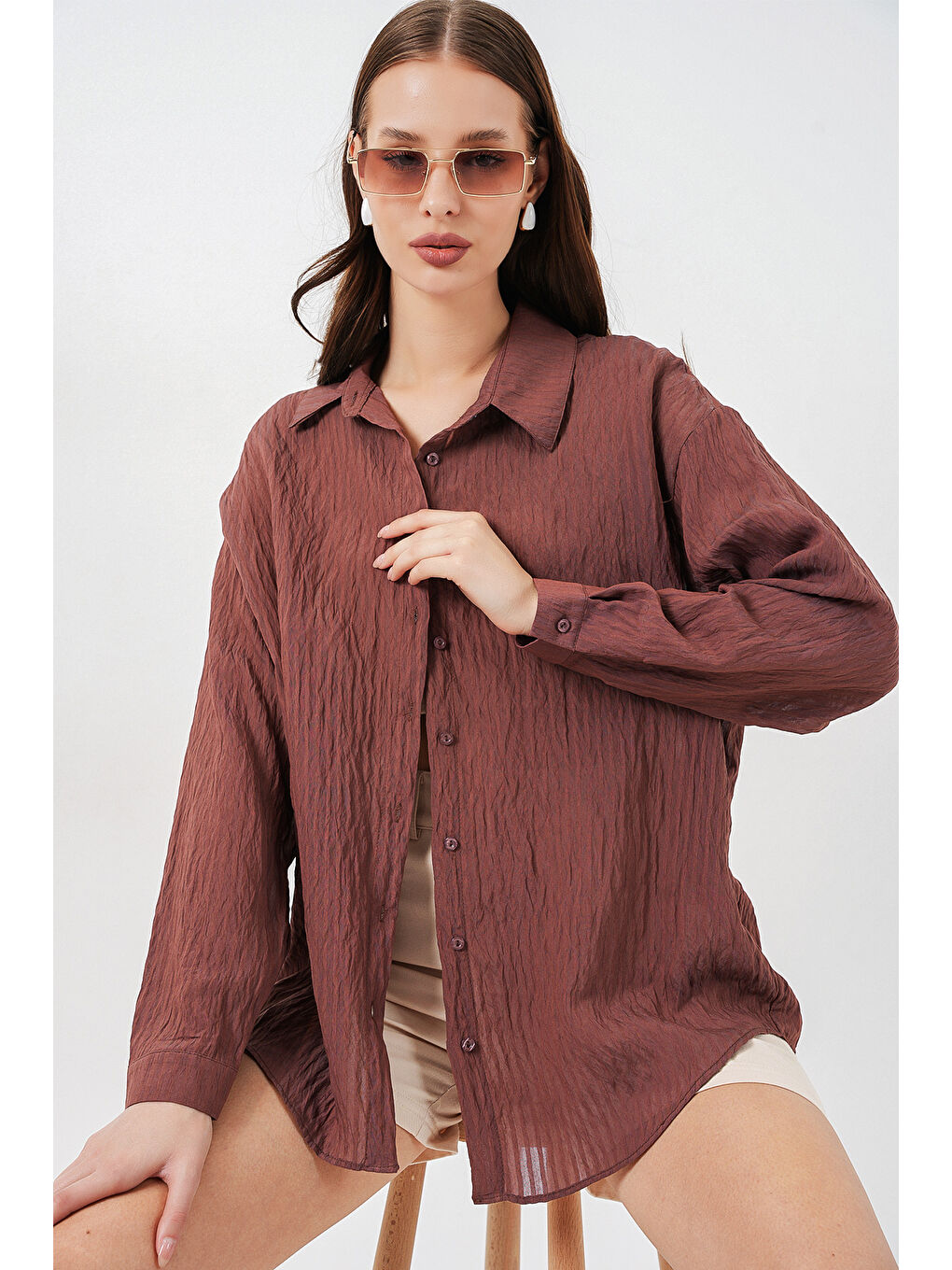 Kadın Uzun Oversize Gömlek 20320 - Kahverengi-2