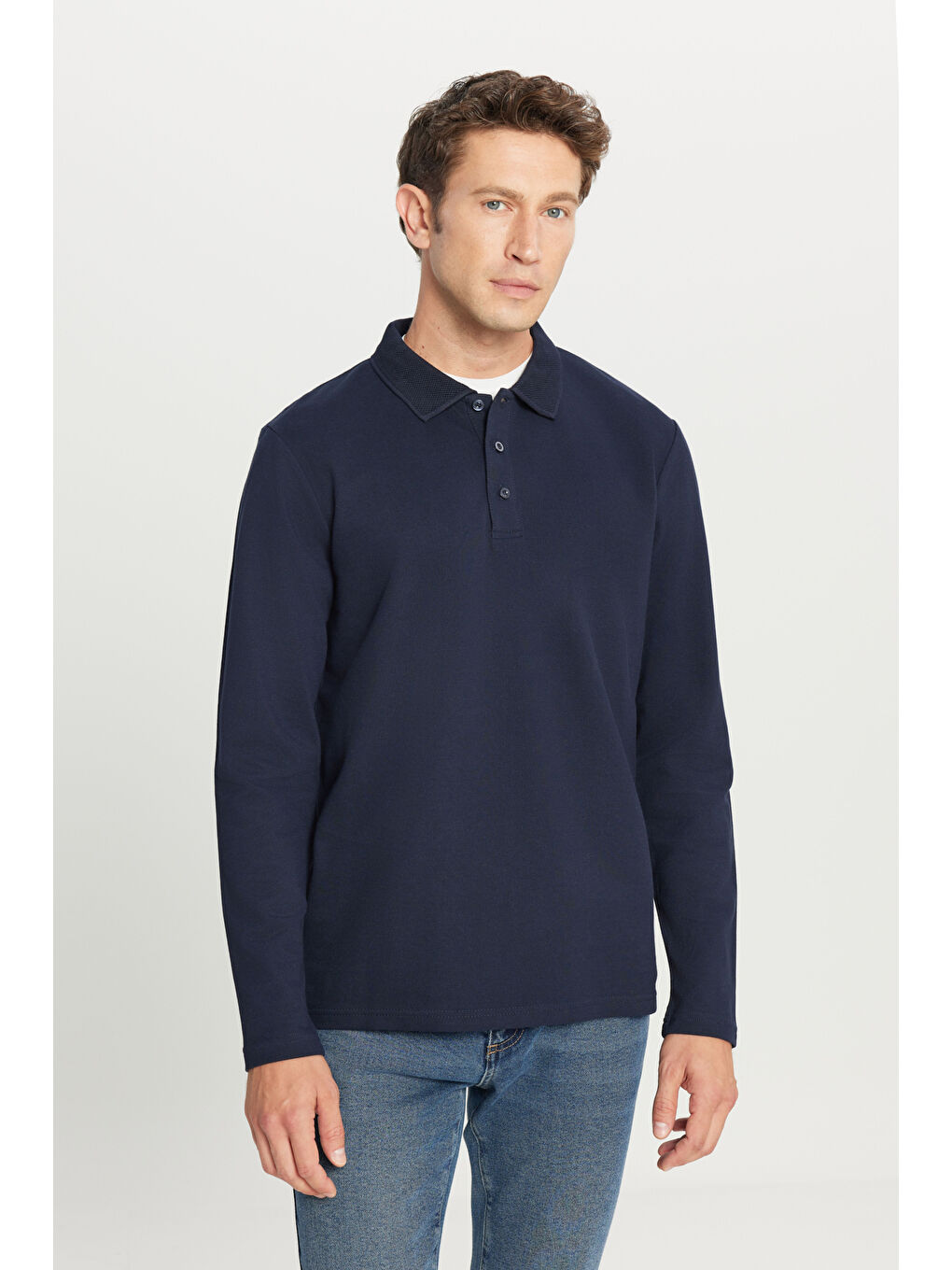 Erkek Lacivert %100 Pamuk Standart Fit Normal Kesim Polo Yaka Sweatshirt