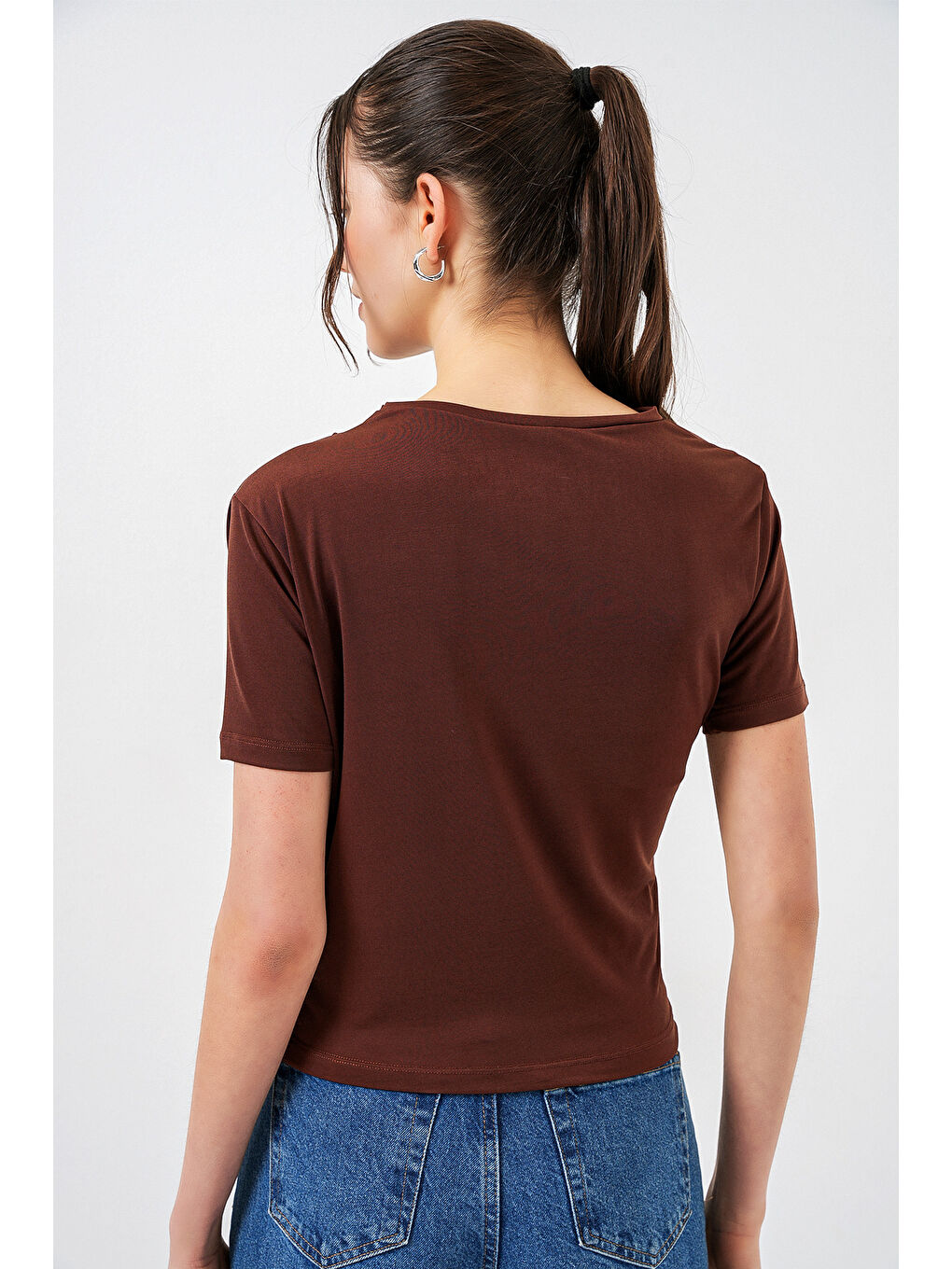 Büzgü Detaylı Kısa Kol Sandy Bluz 945 - Kahverengi-3