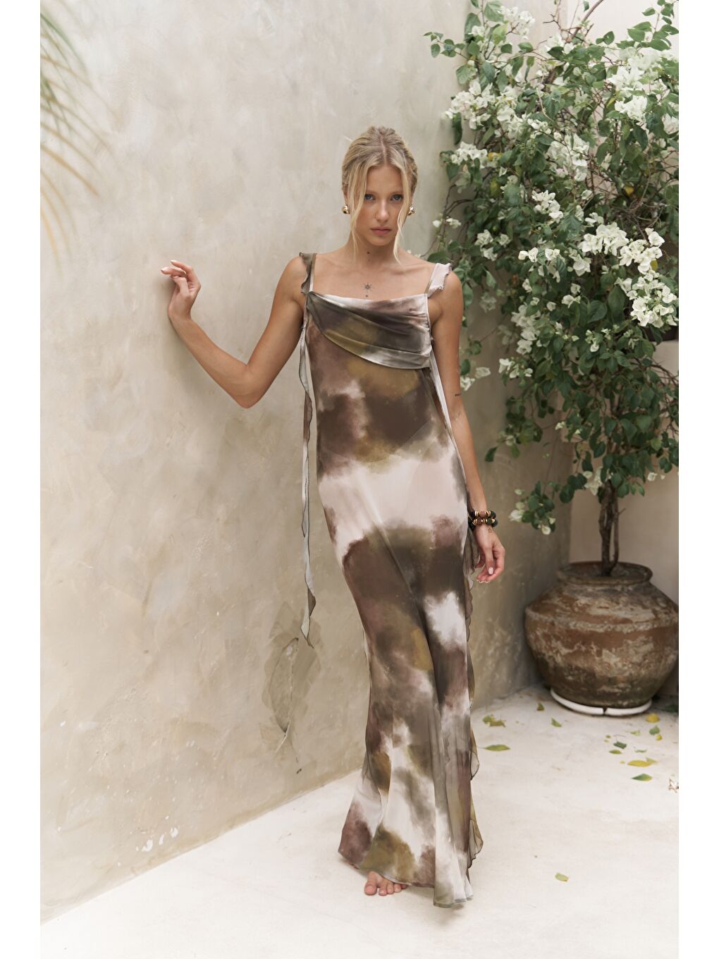 Magi Fırfır Detay Yeşil Uzun Elbise-1