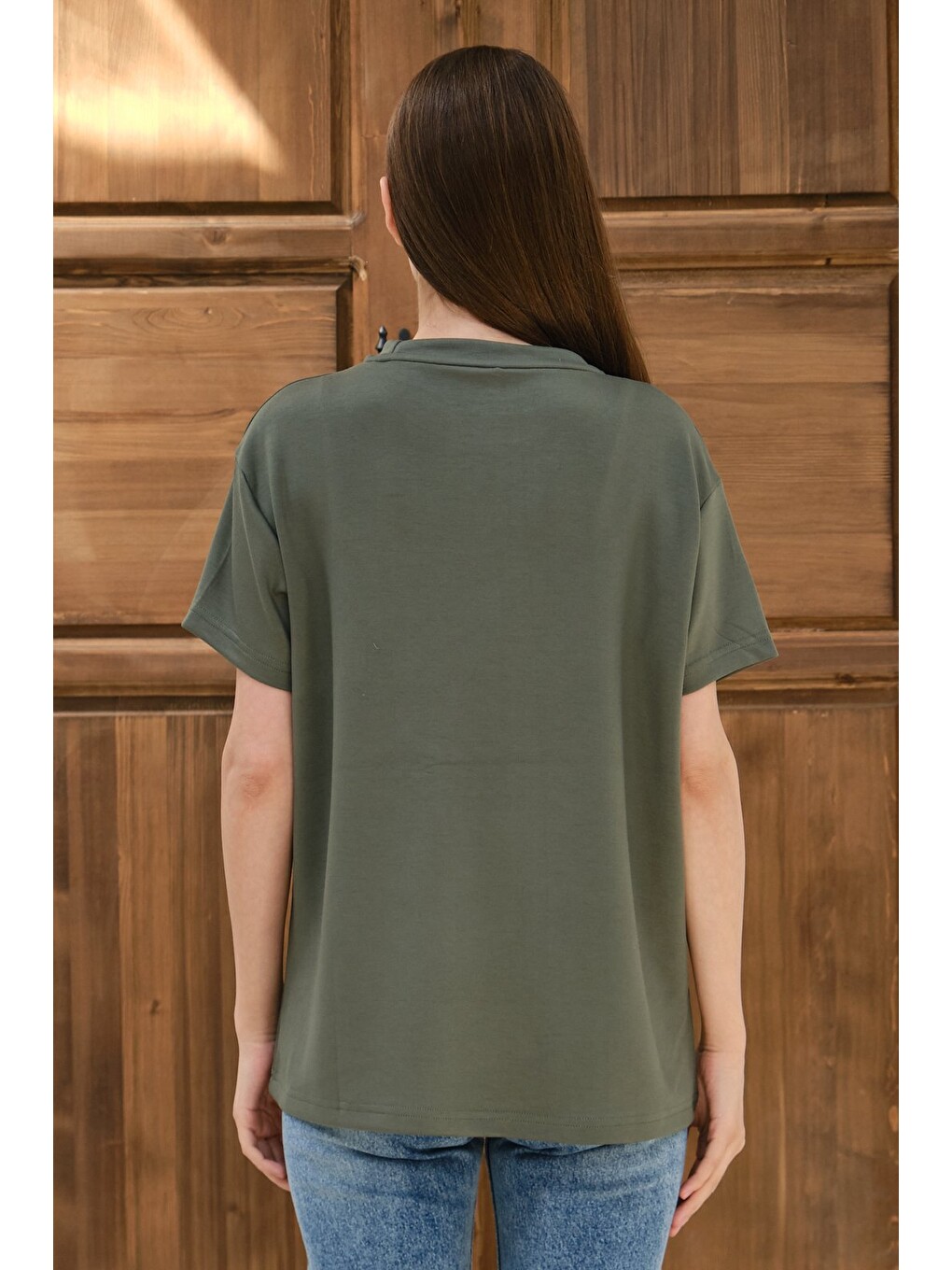 Yeşil Kadın Modal Kumaş Basic Oversize Tişört Bisiklet Yaka Günlük Salaş Tişört-6