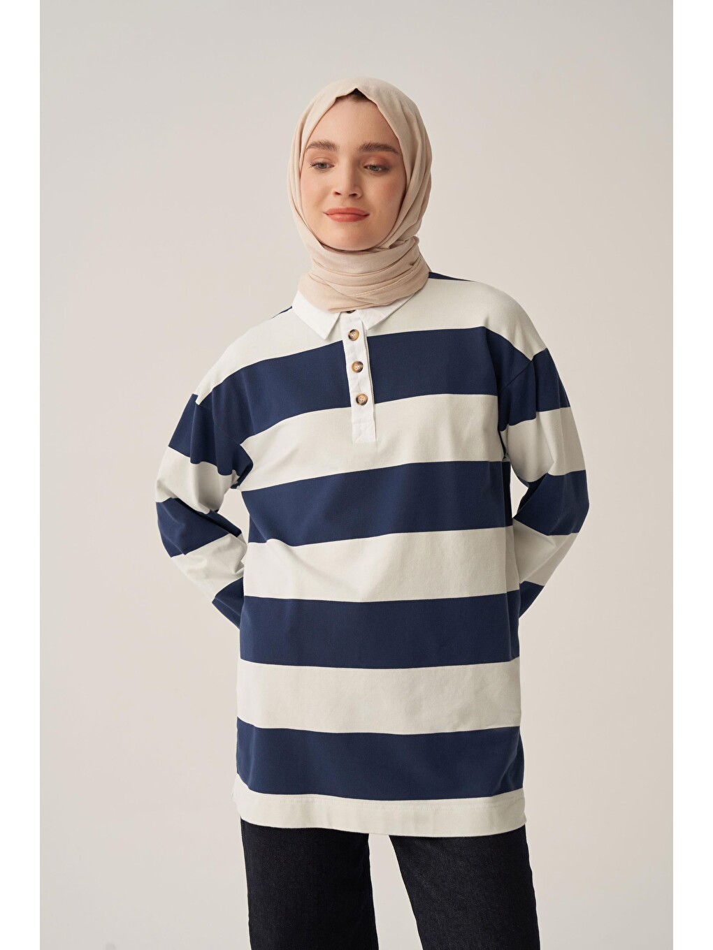 İndigo-taş-gömlek Garnili Çizgili Sweat Tunik-4