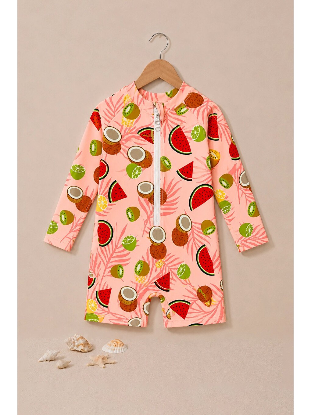 Pembe Summer Fruit Desenli Kız Bebek Uzun Kollu Fermuarlı Tulum Mayo