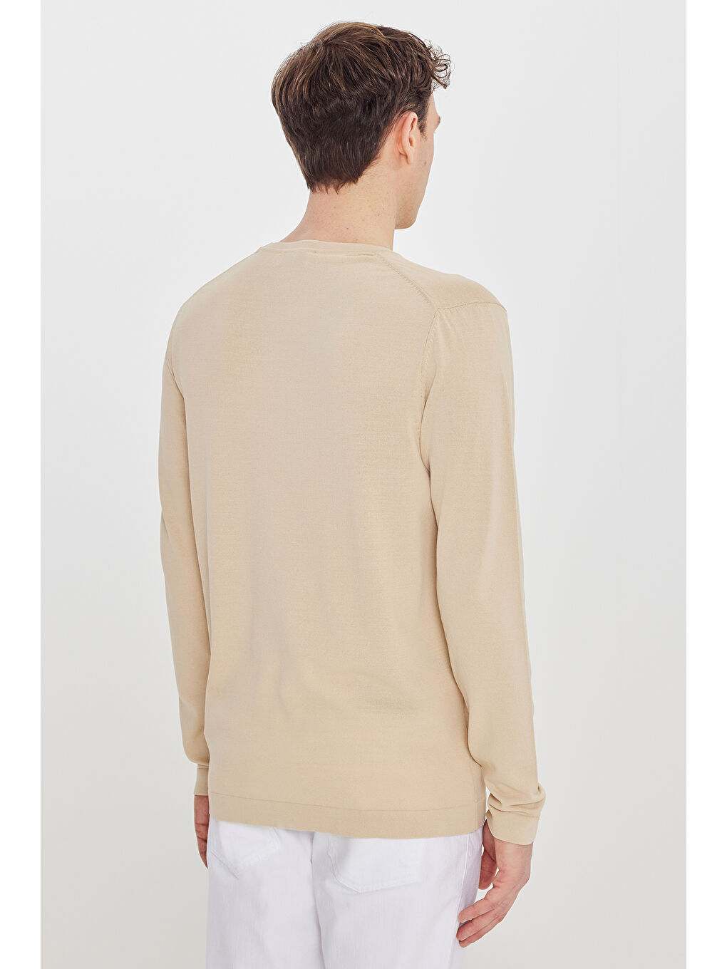 Erkek Bej Standart Fit Normal Kesim Bisiklet Yaka Triko Basic Kazak-4