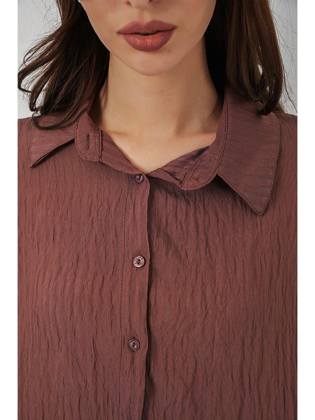 Kadın Uzun Oversize Gömlek 20320 - Kahverengi-3