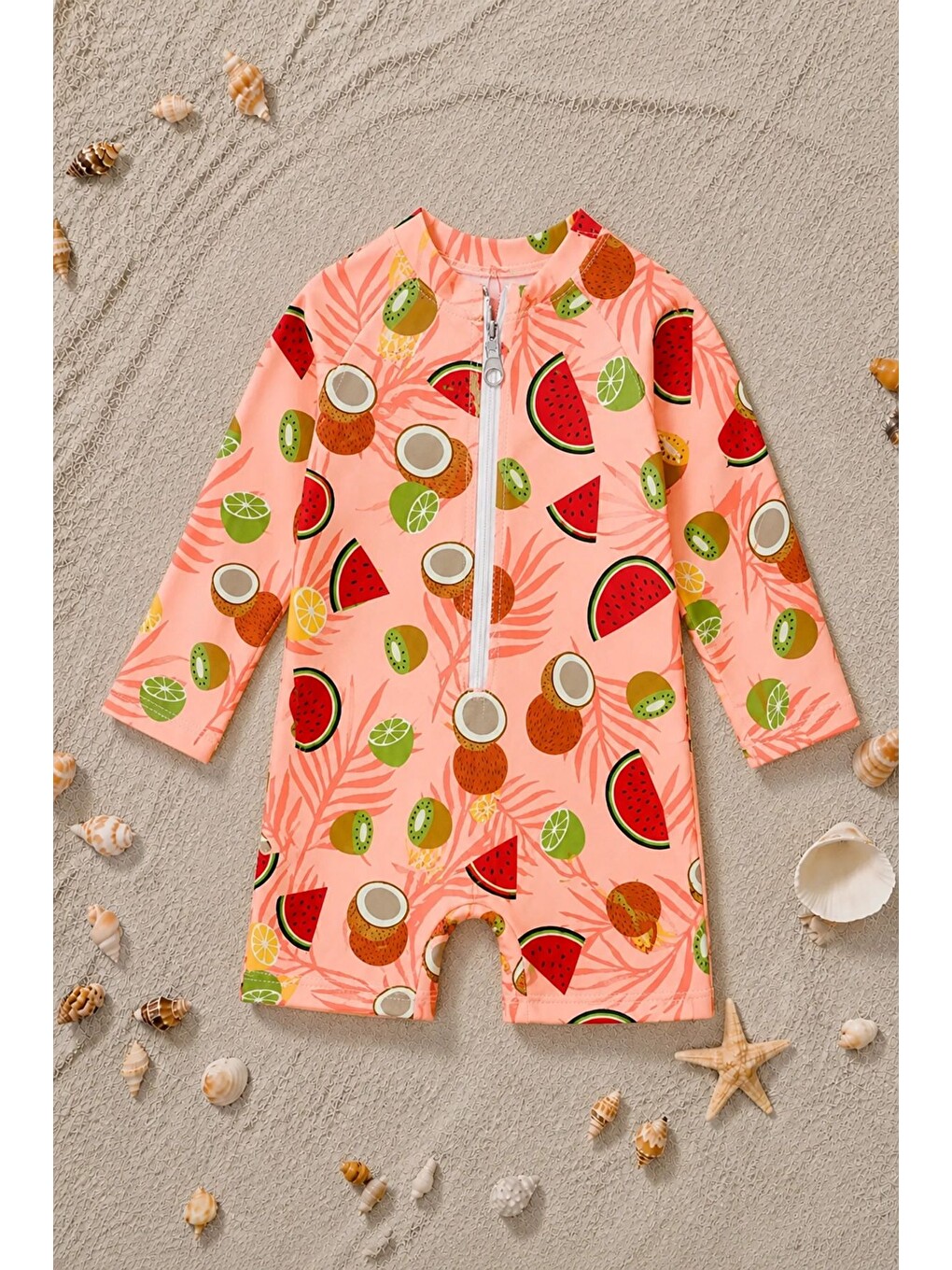 Pembe Summer Fruit Desenli Kız Bebek Uzun Kollu Fermuarlı Tulum Mayo-1