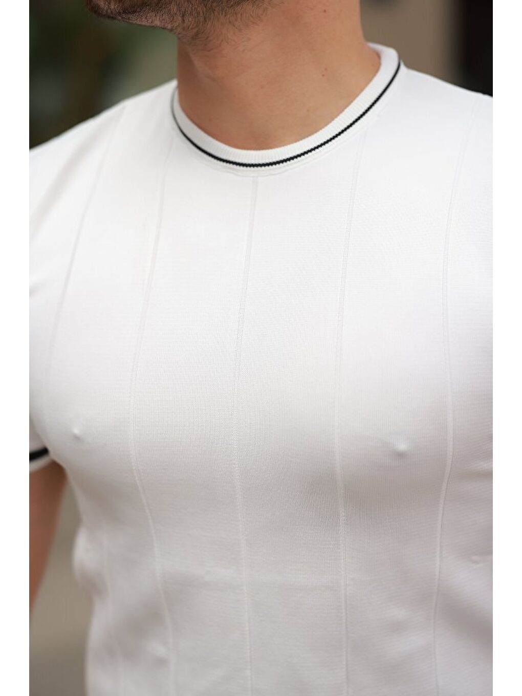 Beyaz Erkek Bisiklet Yaka çizgi Desenli Ribanalı Kısa Kollu Tshirt-2