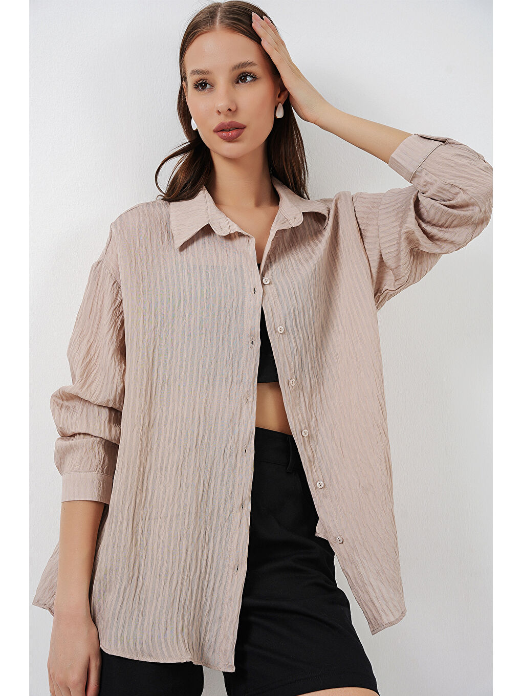 Kadın Uzun Oversize Gömlek 20320 - Bej