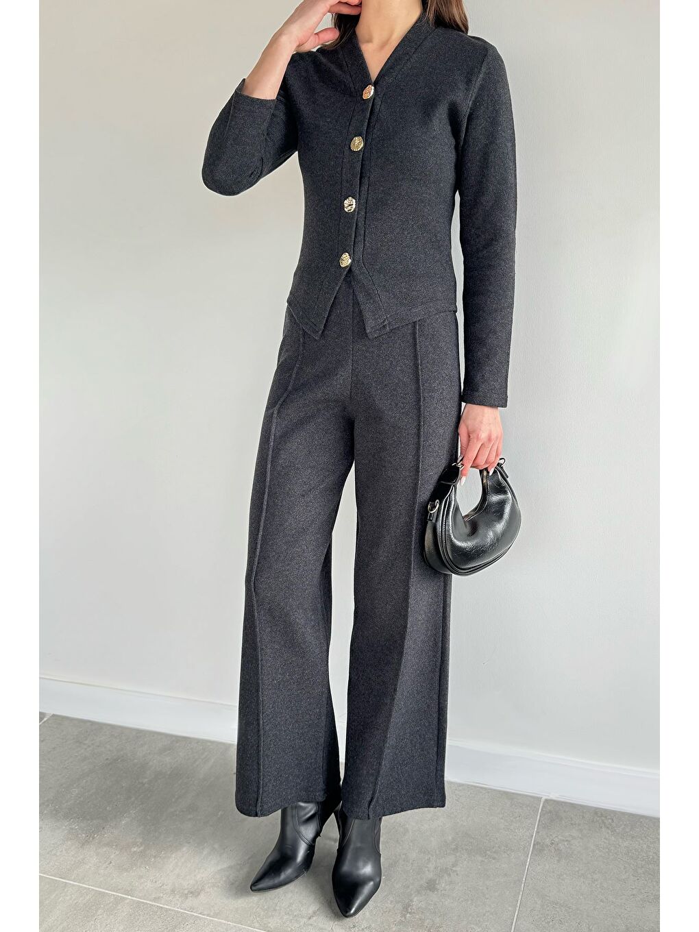 Antrasit Kadın Selanik Kumaş Hırka Bel Lastikli Palazzo Pantolon İkili Takım