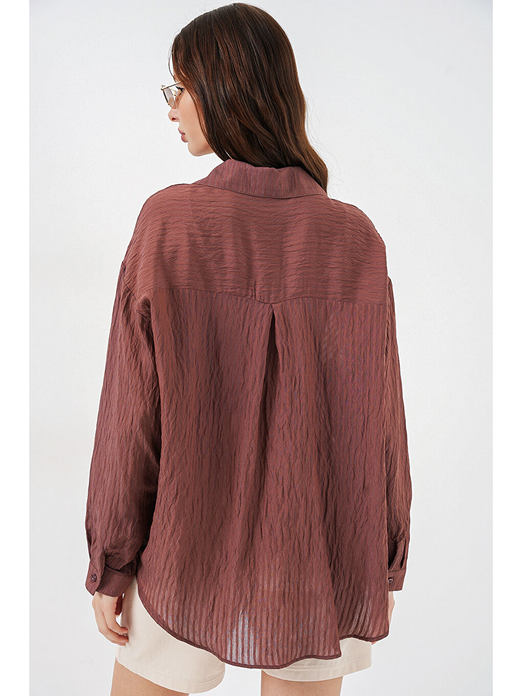 Kadın Uzun Oversize Gömlek 20320 - Kahverengi-4