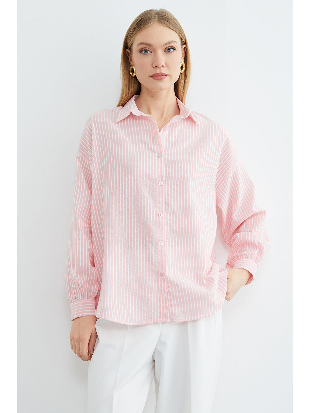 Pembe Çizgili Arkası Uzun Oversize Gömlek-3