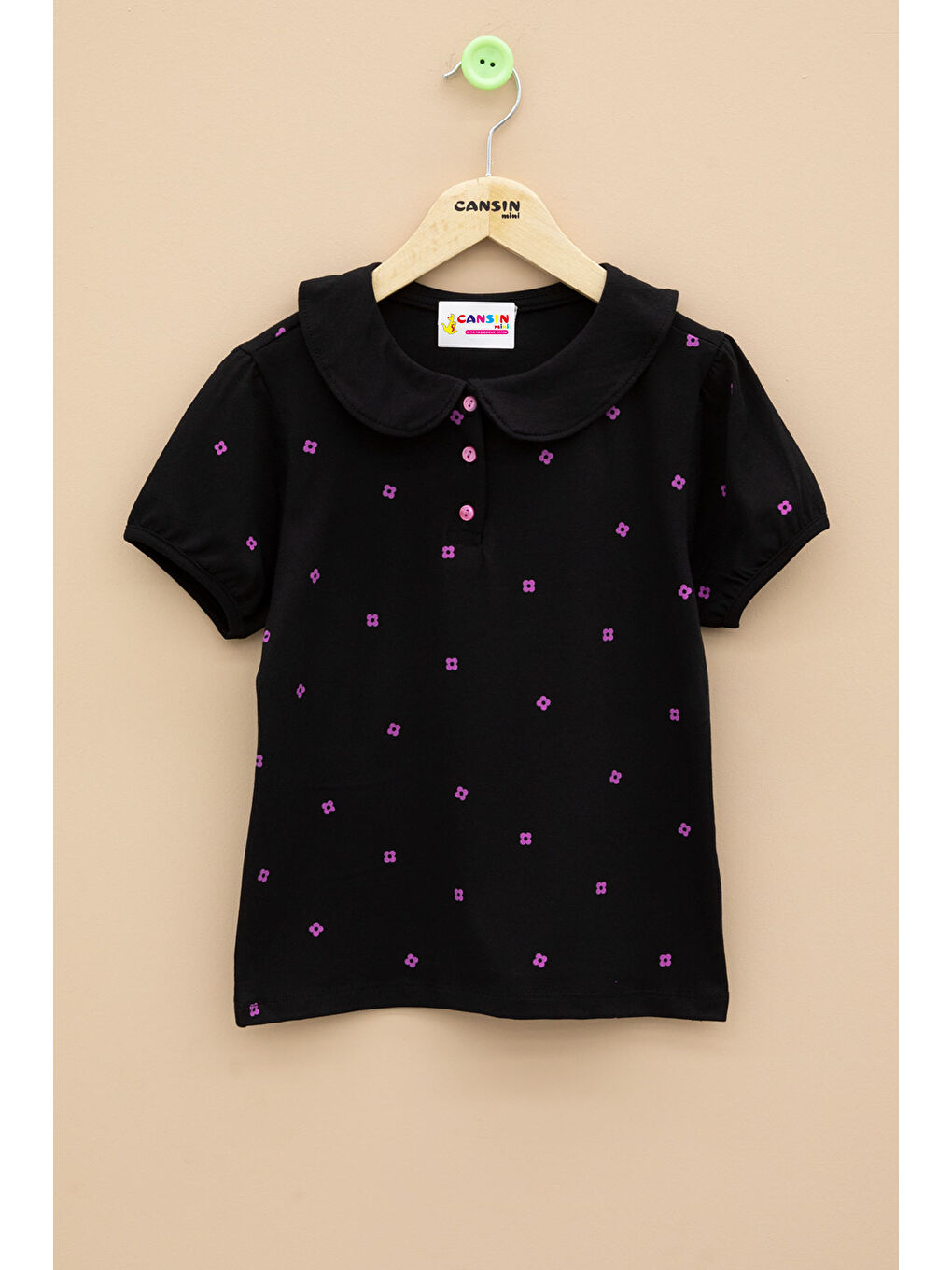 Siyah Çiçek Desenli Düğmeli Yaka Kız Çocuk Tişört 20988