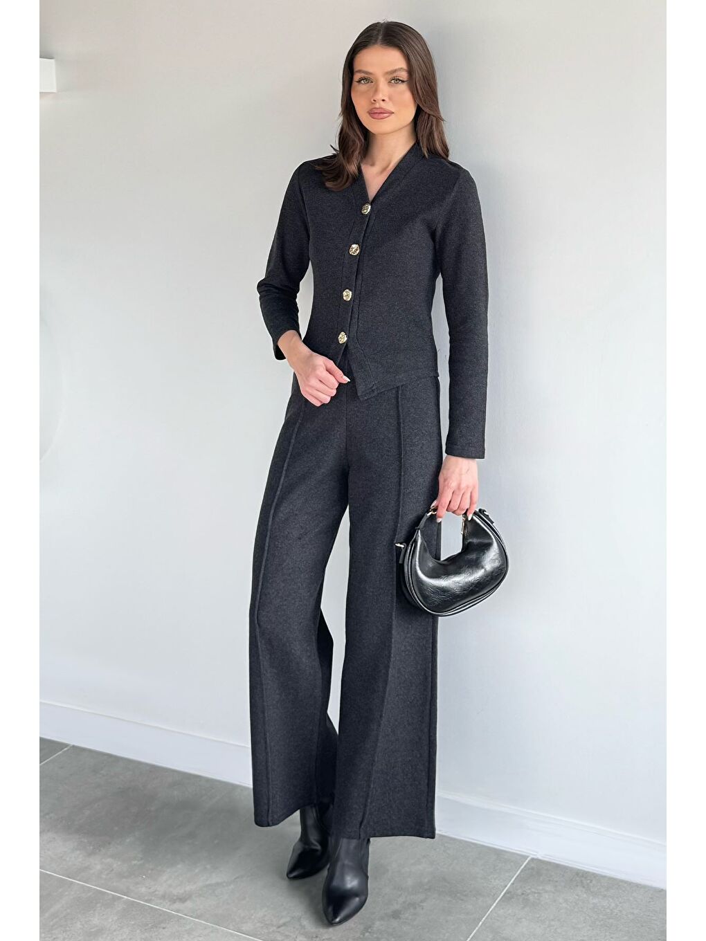 Antrasit Kadın Selanik Kumaş Hırka Bel Lastikli Palazzo Pantolon İkili Takım-1