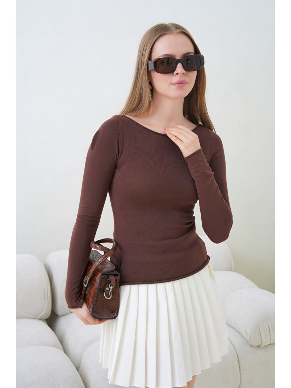 Kahverengi Kadın Bisiklet Yaka Uzun Kollu Basic Bluz Kahve-1