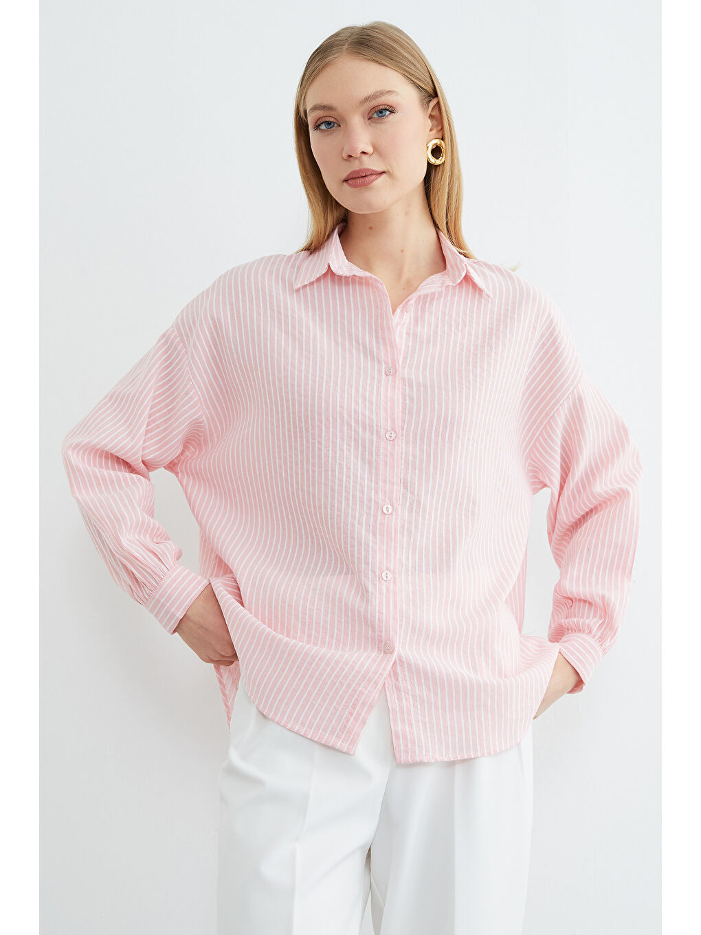 Pembe Çizgili Arkası Uzun Oversize Gömlek-4