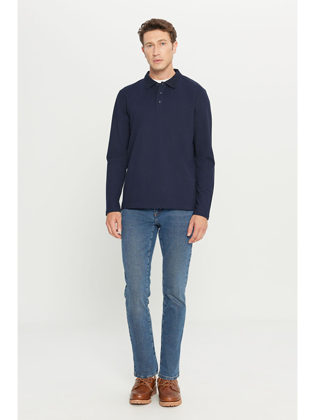 Erkek Lacivert %100 Pamuk Standart Fit Normal Kesim Polo Yaka Sweatshirt-1