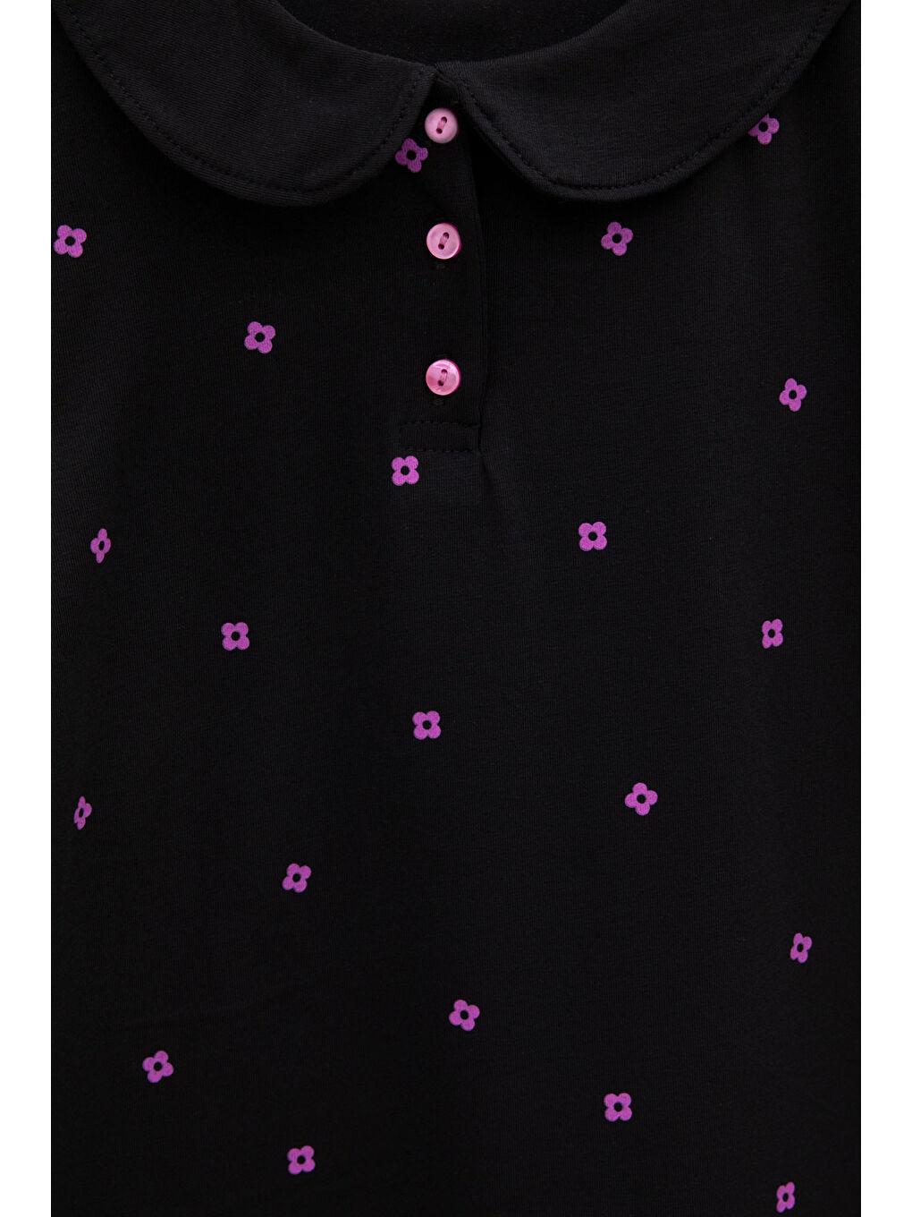 Siyah Çiçek Desenli Düğmeli Yaka Kız Çocuk Tişört 20988-1