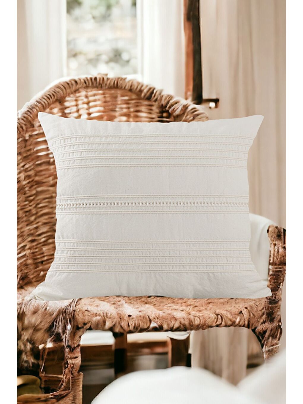 Ekru Buldan Dokuma Bohem Tasarım  100 Pamuklu 45x45cm Kırlent Kılıfı Krem