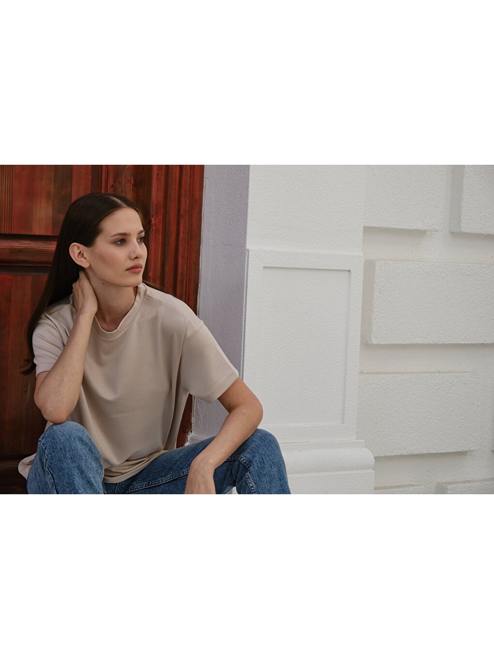 Bej Kadın Modal Kumaş Basic Oversize Tişört Bisiklet Yaka Günlük Salaş Tişört-6