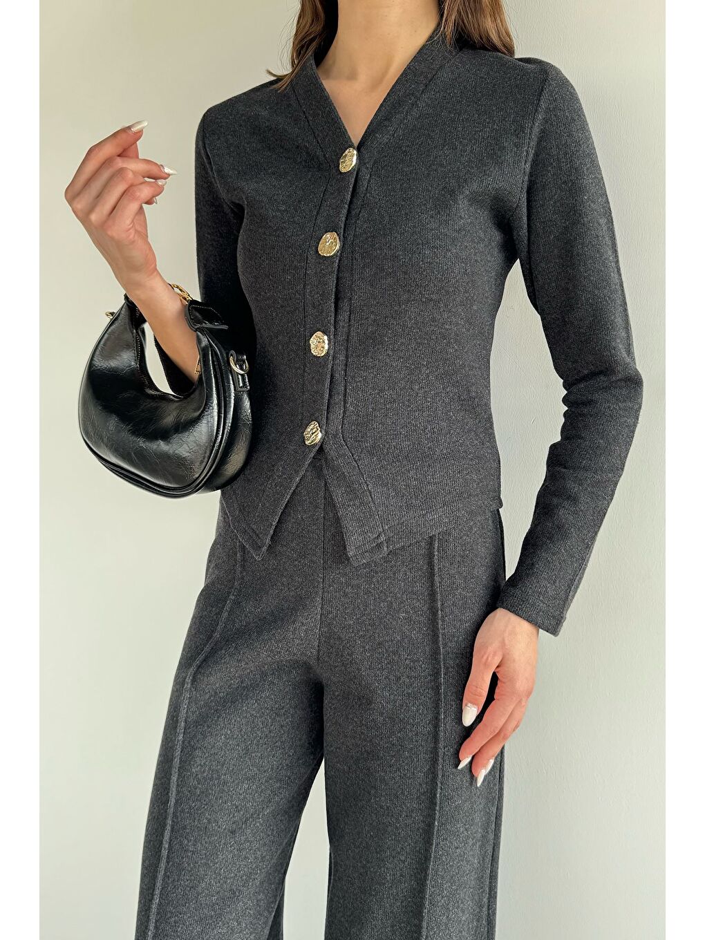 Antrasit Kadın Selanik Kumaş Hırka Bel Lastikli Palazzo Pantolon İkili Takım-2