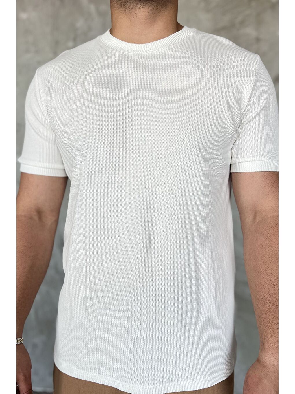 Ekru Bisiklet Yaka Kendinden Desenli Erkek Tişört-3