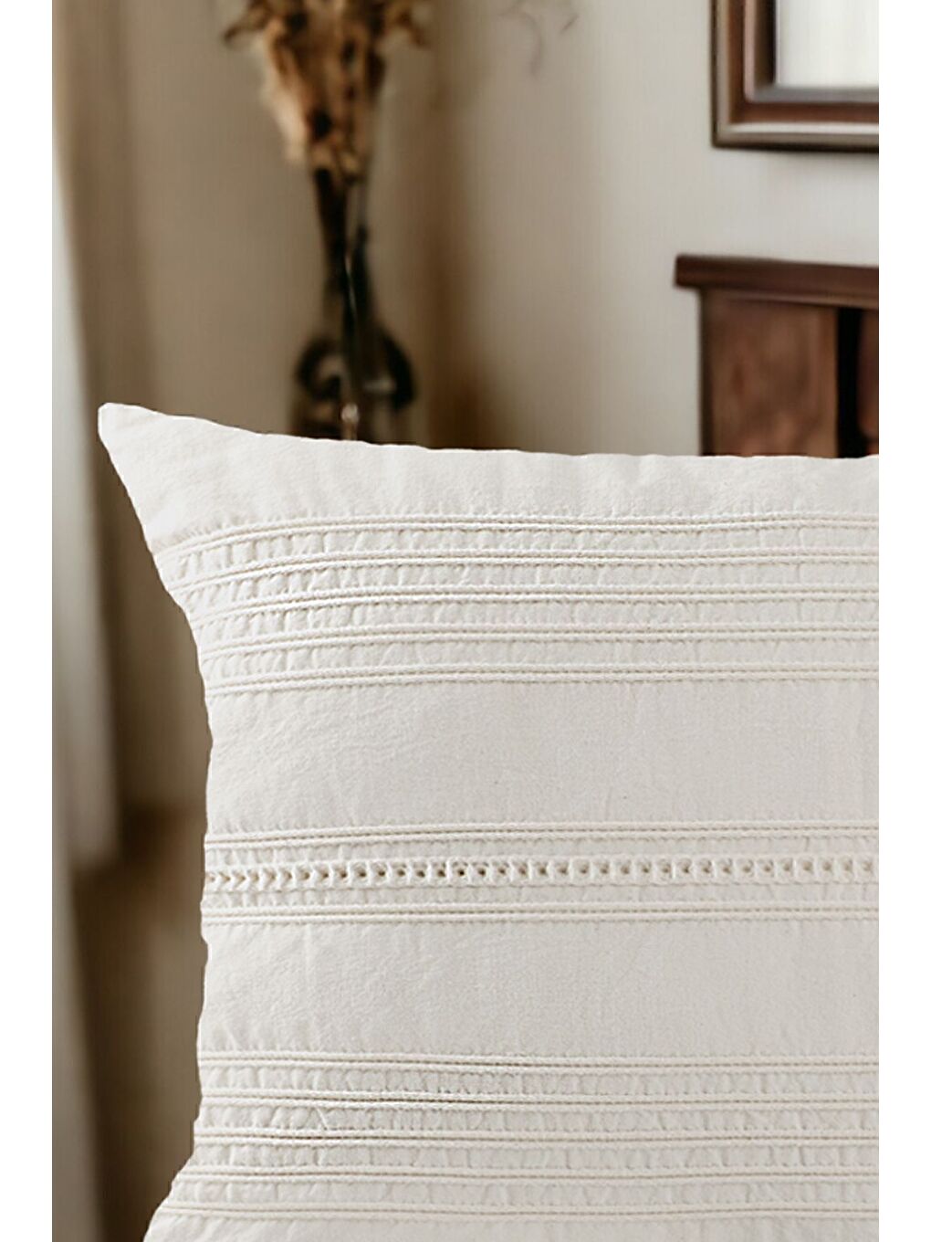 Ekru Buldan Dokuma Bohem Tasarım  100 Pamuklu 45x45cm Kırlent Kılıfı Krem-1