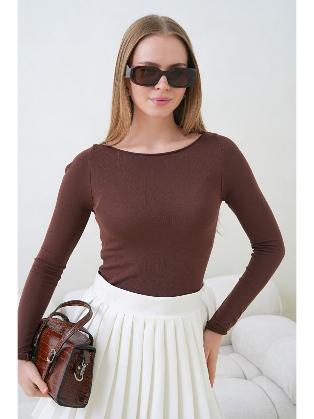 Kahverengi Kadın Bisiklet Yaka Uzun Kollu Basic Bluz Kahve-2