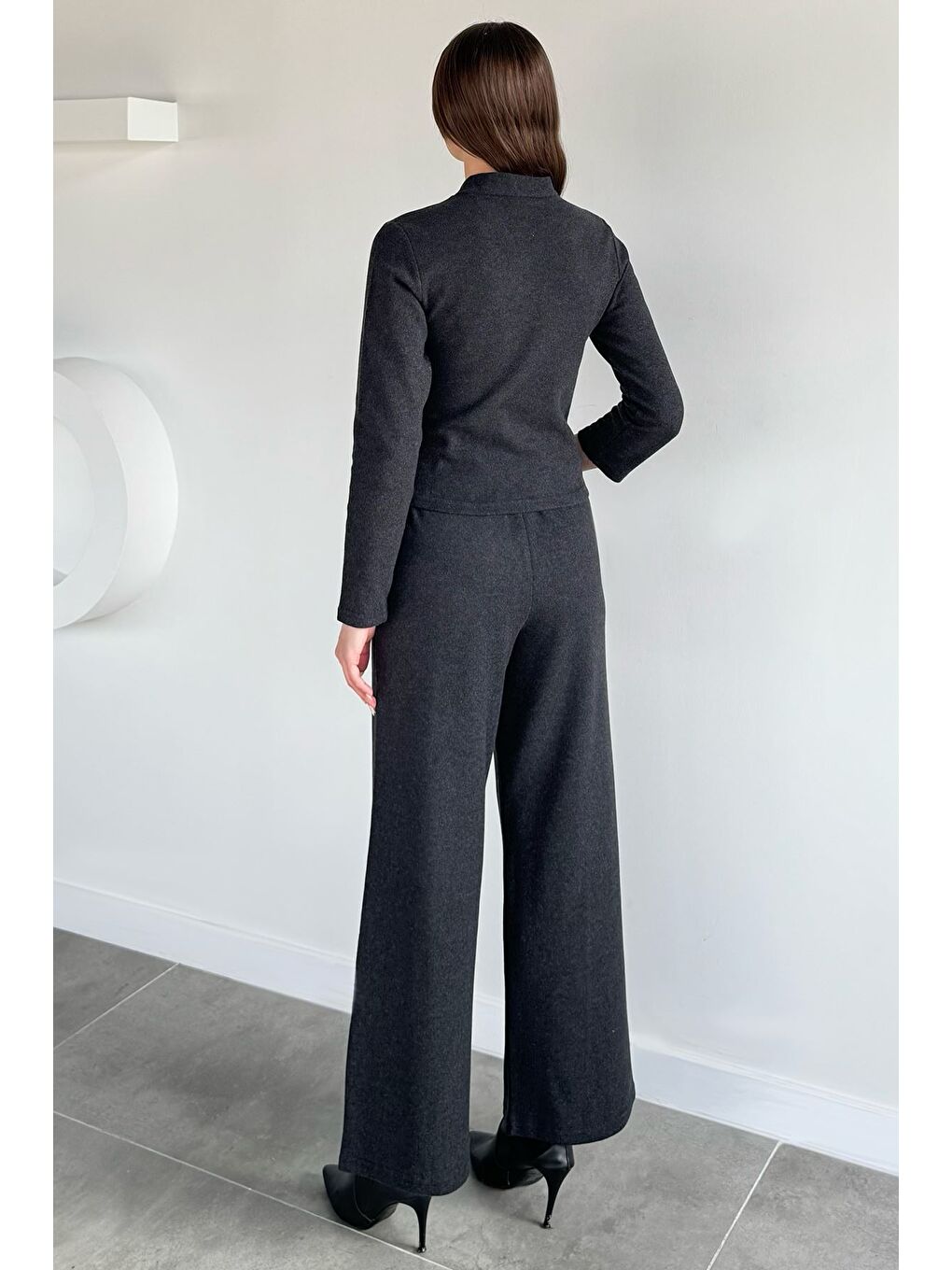 Antrasit Kadın Selanik Kumaş Hırka Bel Lastikli Palazzo Pantolon İkili Takım-3