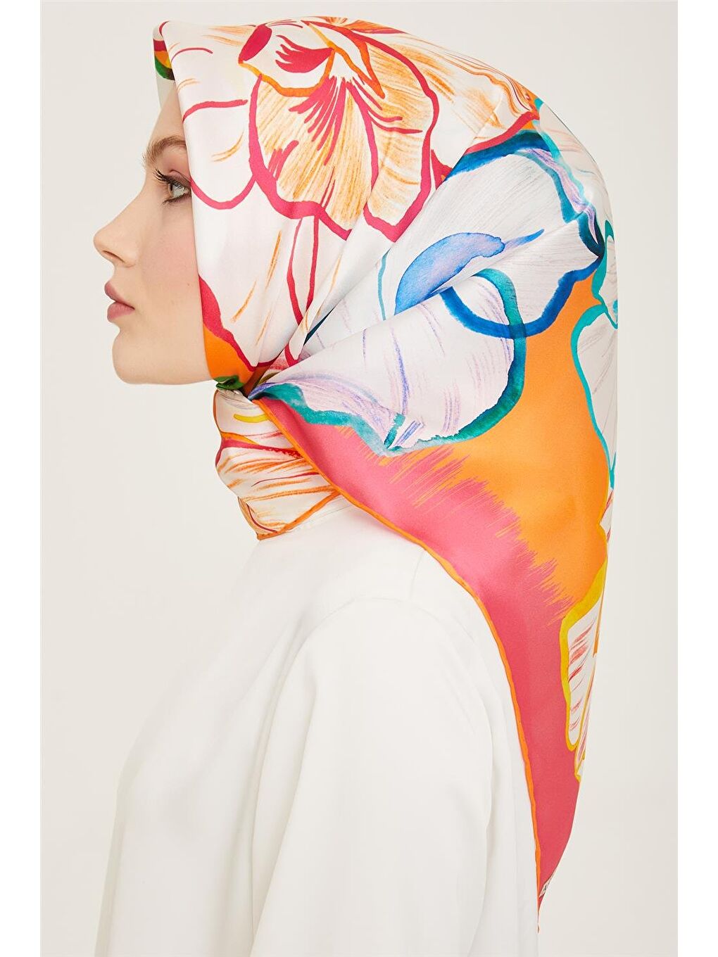 Karışık Çiçek Desenli Twill İpek Eşarp 24Ya9110 5 54-2