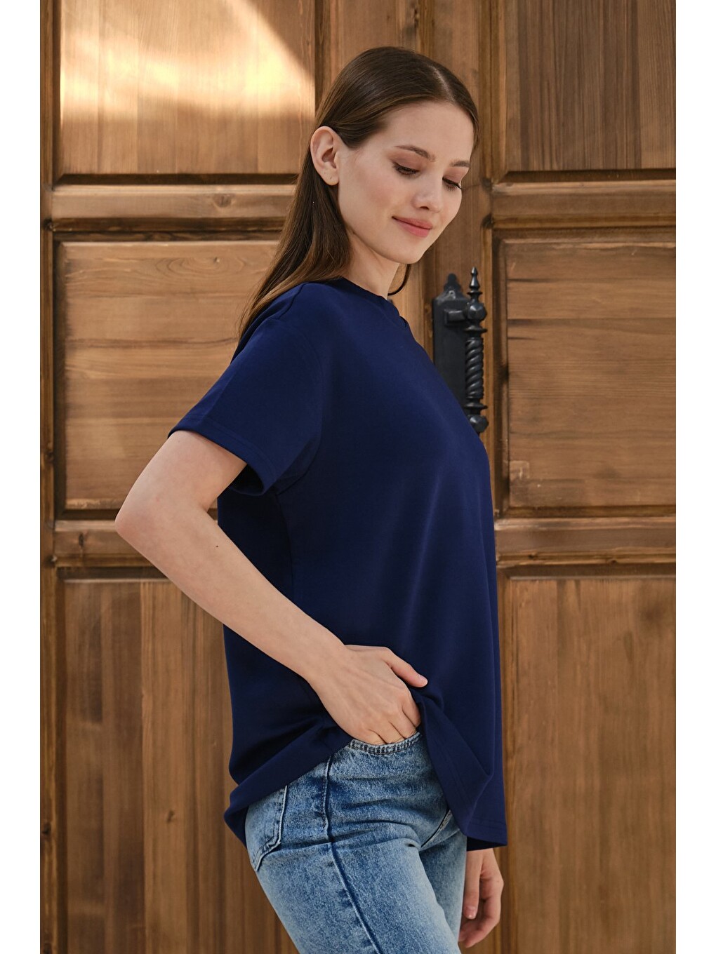 Lacivert Kadın Modal Kumaş Basic Oversize Tişört Bisiklet Yaka Günlük Salaş Tişört-1