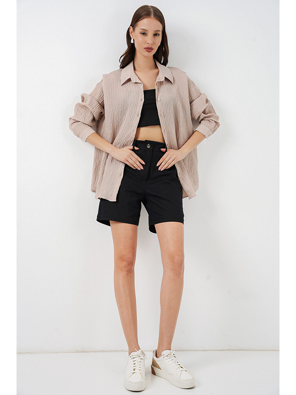 Kadın Uzun Oversize Gömlek 20320 - Bej-1