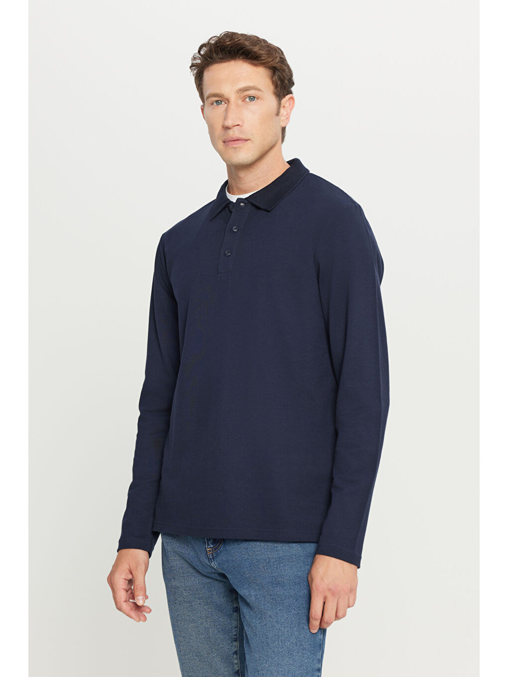 Erkek Lacivert %100 Pamuk Standart Fit Normal Kesim Polo Yaka Sweatshirt-2