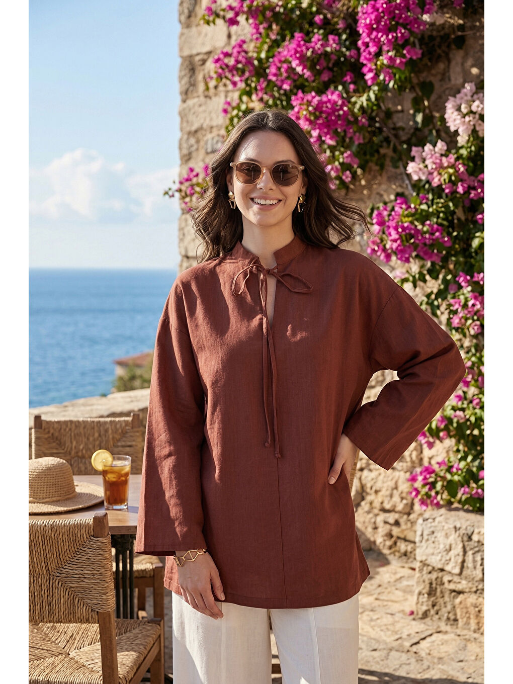 Kahverengi Bağlamalı Hakim Yaka Pamuklu Rahat Bluz 6925480