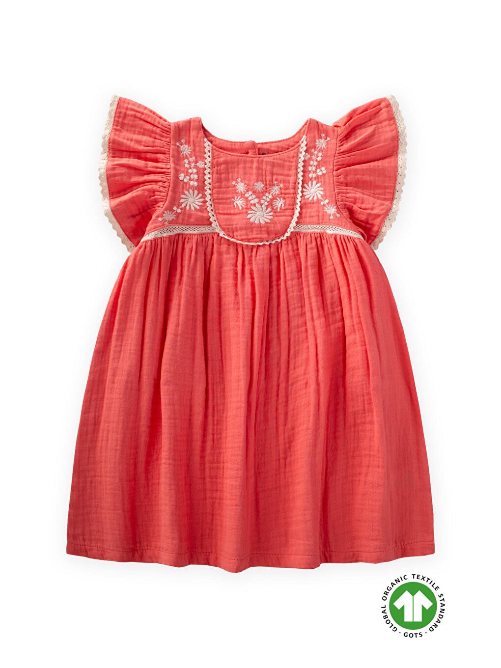 Organik Nakışlı Müslin Kız Elbise 2-10 Yaş Mercan