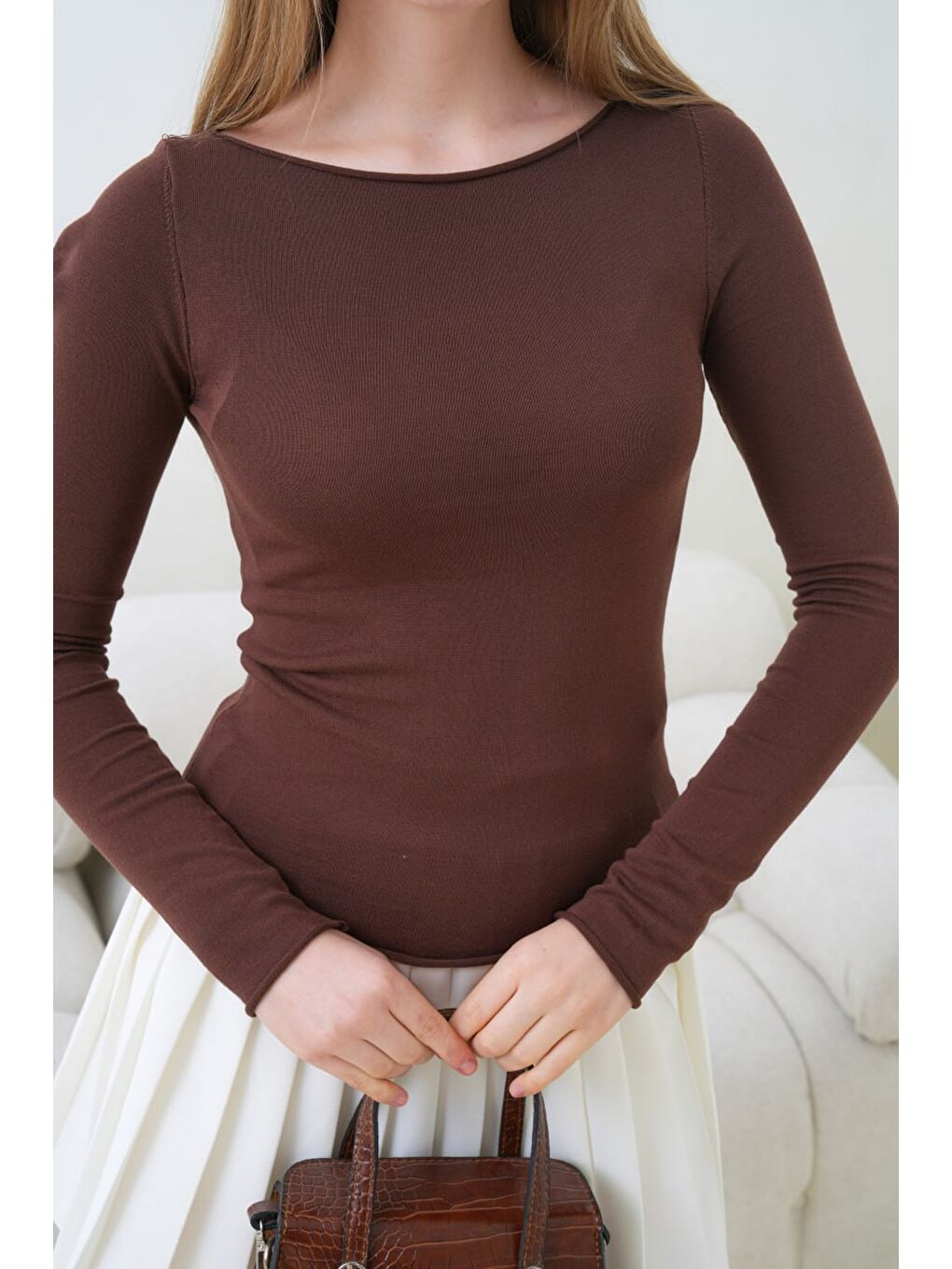 Kahverengi Kadın Bisiklet Yaka Uzun Kollu Basic Bluz Kahve-3
