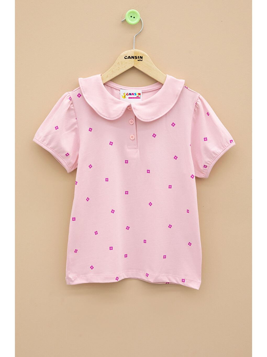 Pembe Çiçek Desenli Düğmeli Yaka Kız Çocuk Tişört 20990