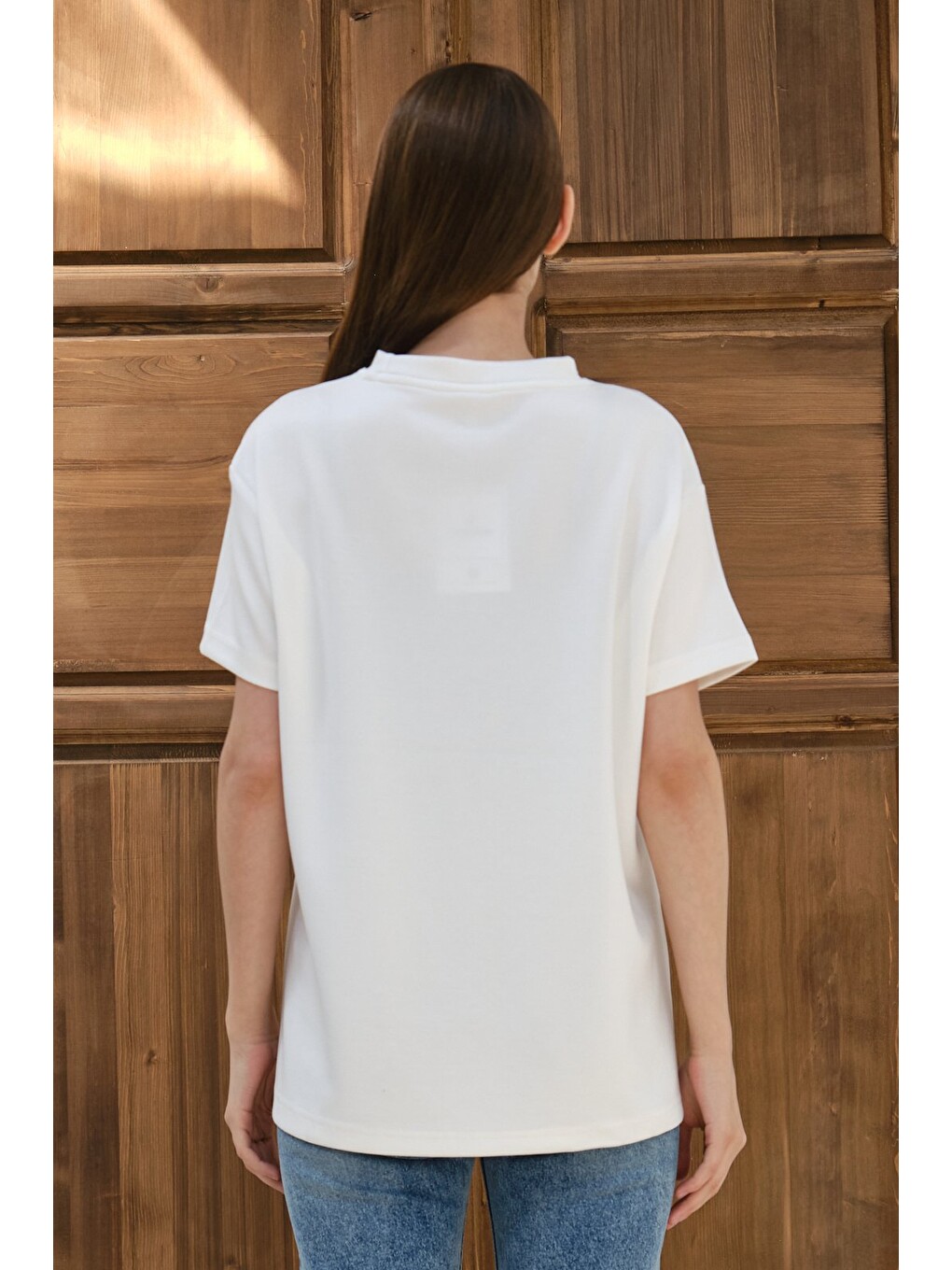 Ekru Kadın Modal Kumaş Basic Oversize Tişört Bisiklet Yaka Günlük Salaş Tişört-6