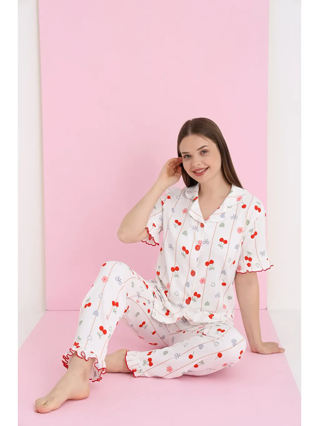 Beyaz Bürümcük Düğmeli Pijama Takım 7039-12