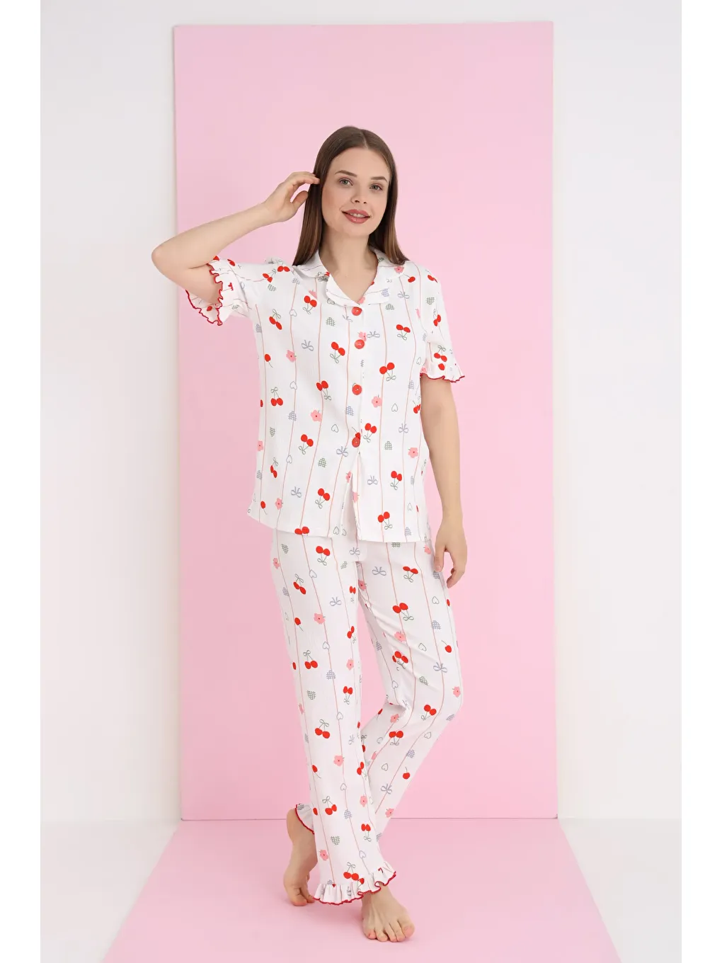 Beyaz Bürümcük Düğmeli Pijama Takım 7039-12-1