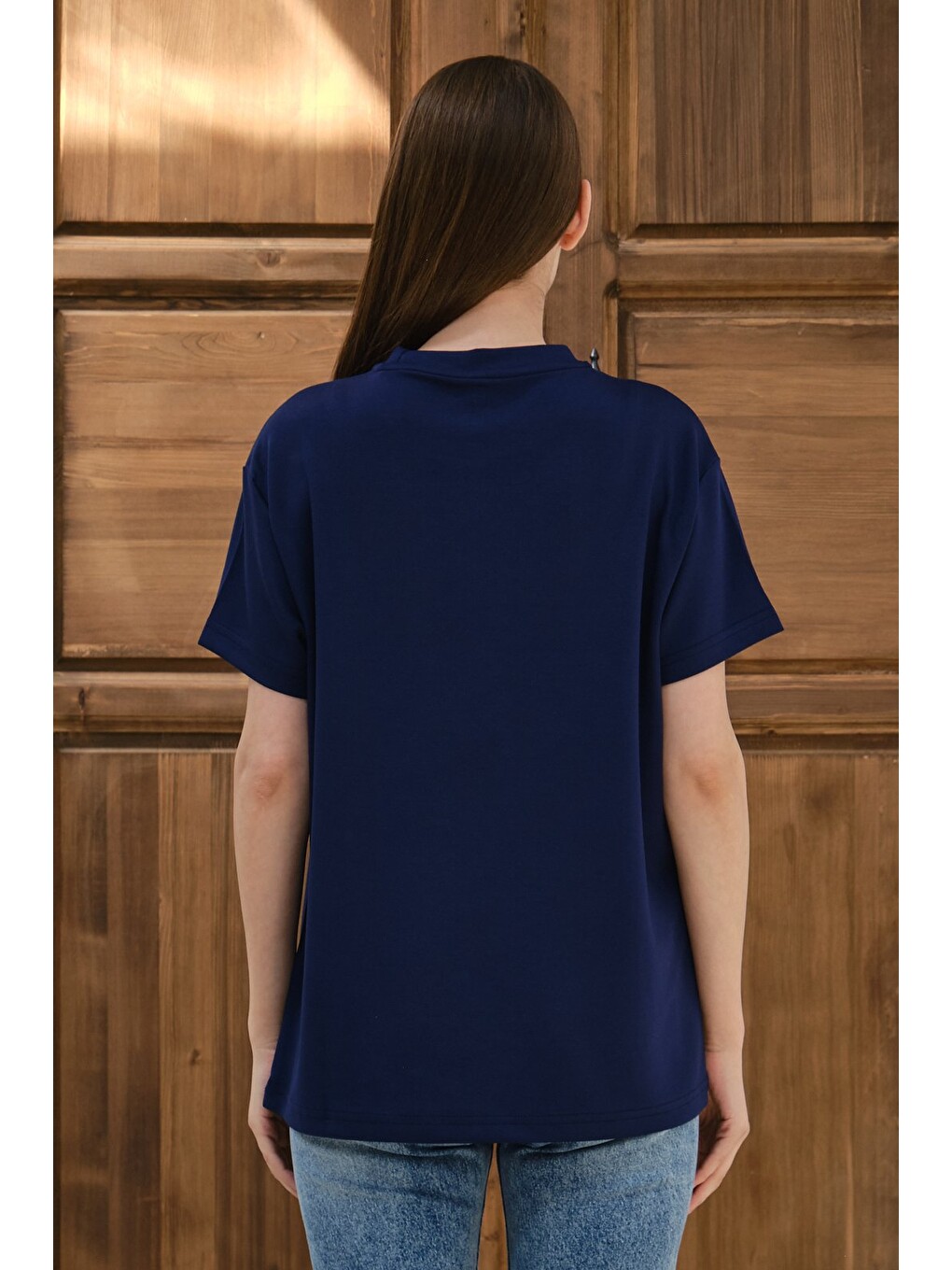 Lacivert Kadın Modal Kumaş Basic Oversize Tişört Bisiklet Yaka Günlük Salaş Tişört-4